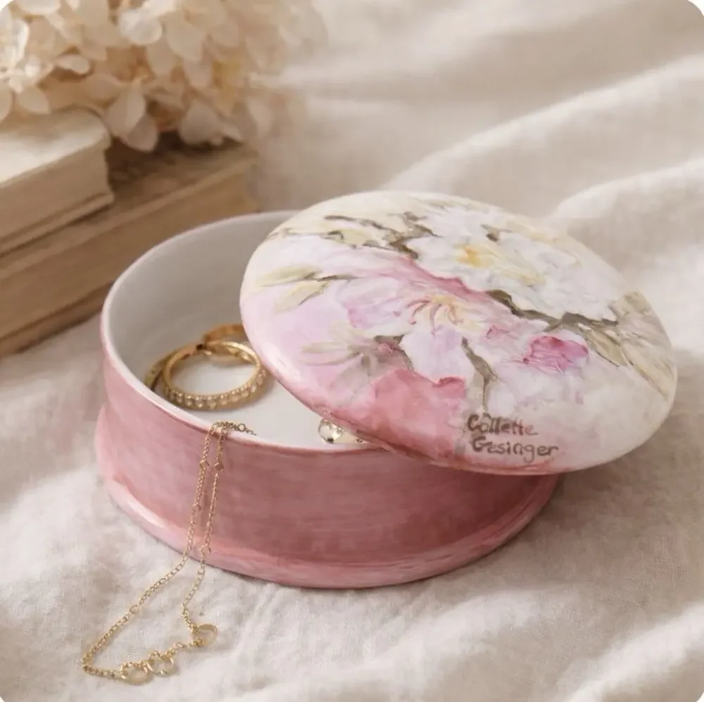Vtg Porcelain Hand Painted Trinket Dresser Box Collette Gesinger Vibrant Pink Fl
